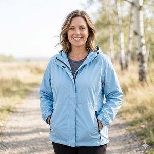 Eddie Bauer Sky Blue Lightweight Packable Utility Gorpcore Rain Jacket SZ XXL